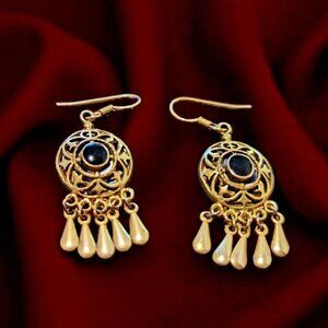 Gold-Tone Earrings For Pierced Ears - Black Onyx Accent - NEW!